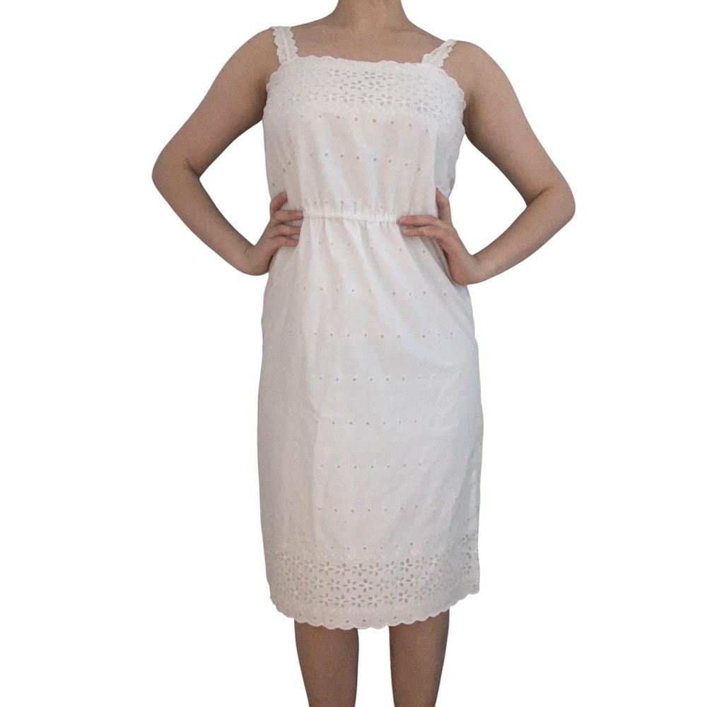 Vintage Cotton Eyelet Dress Women M White Excellent Boho Broderie Midi 70s 80s